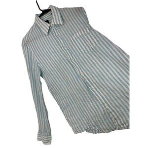 Mens Hugo Boss Blue Stripe 100% Linen Button-Up Sport Shirt M EUC 8881 Vacay
